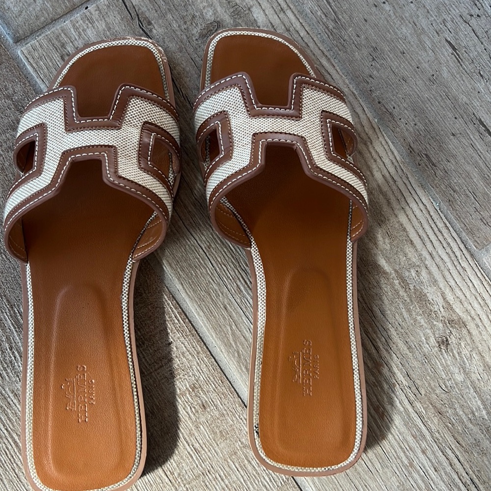 Hermes brown leather and linen slides
